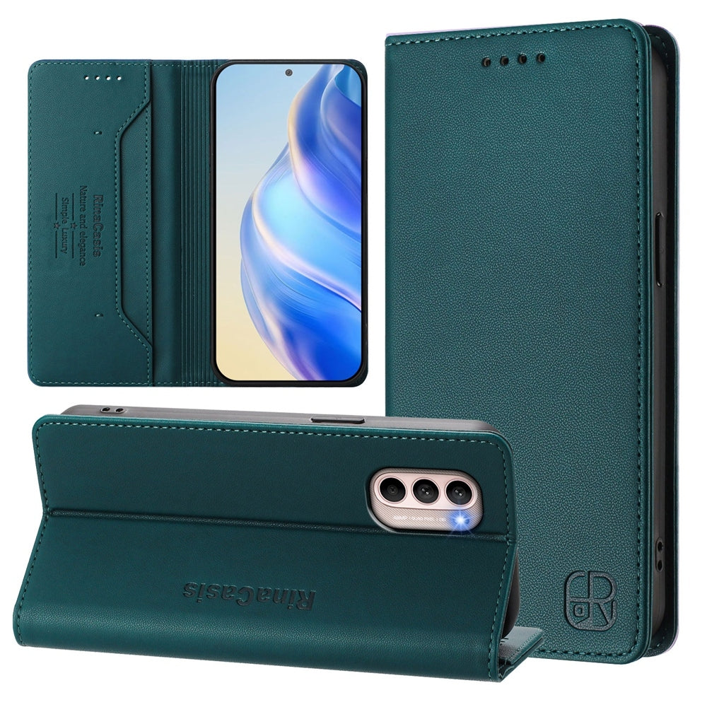 Motorola Moto G31 Dual-Folded Magnetic Suction RFID Blocking PU Leather Wallet Phone Case with Card Slots, Cash Pocket, Kickstand, Full Protective Flip Cover