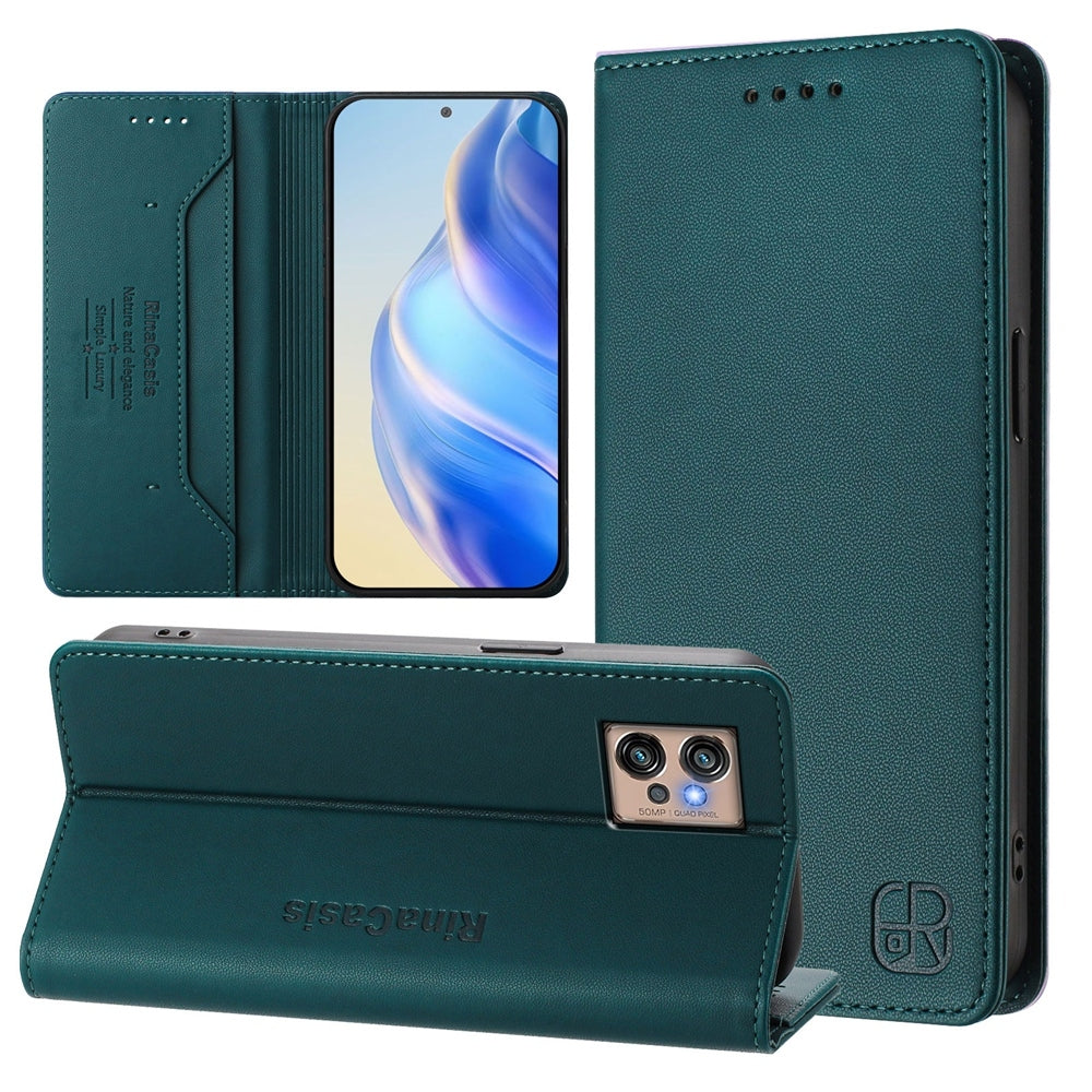 Motorola Moto G32 Dual-Folded Magnetic Suction RFID Blocking PU Leather Wallet Phone Case with Card Slots, Cash Pocket, Kickstand, Full Protective Flip Cover