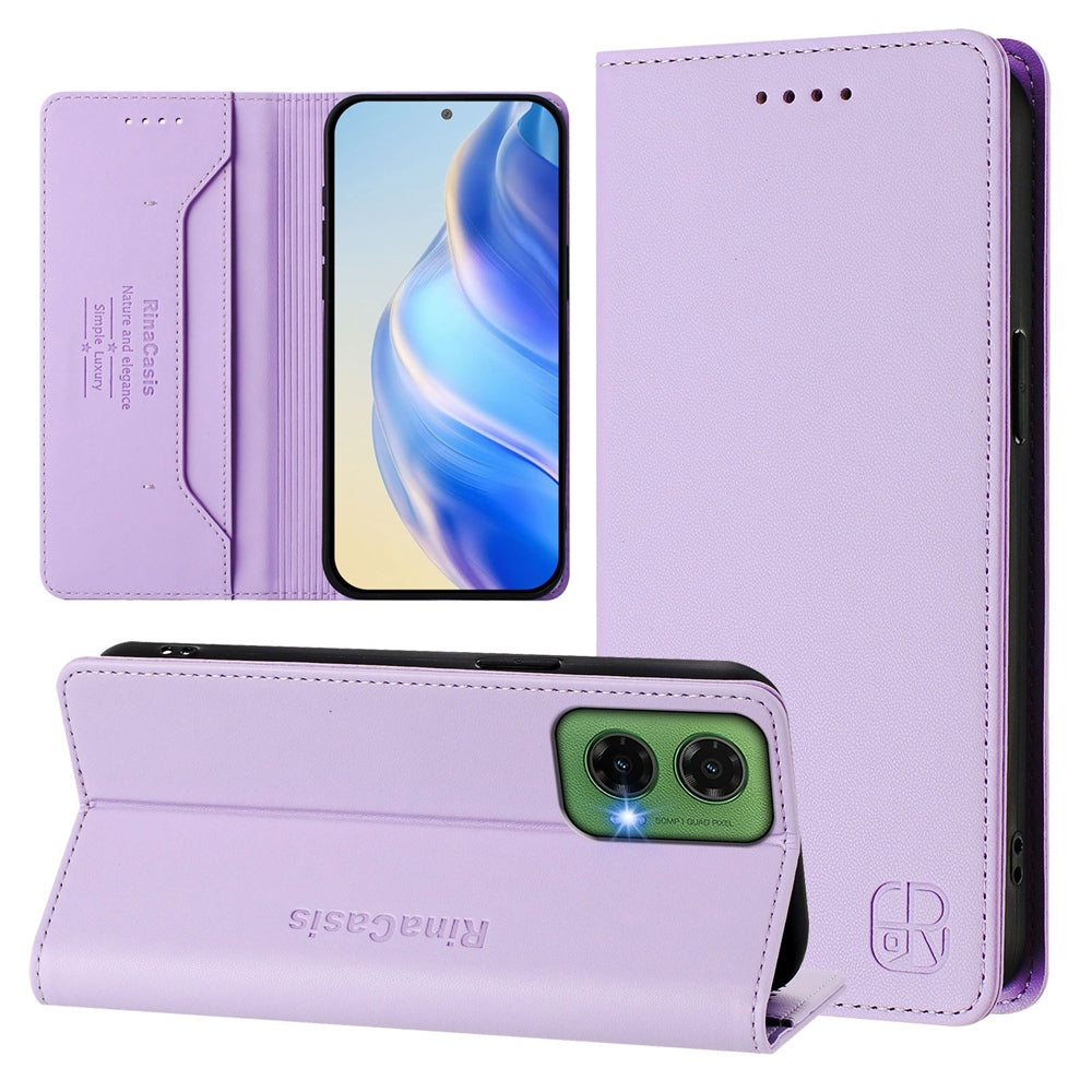 Motorola Moto G35 Dual-Folded Magnetic Suction RFID Blocking PU Leather Wallet Phone Case with Card Slots, Cash Pocket, Kickstand, Full Protective Flip Cover