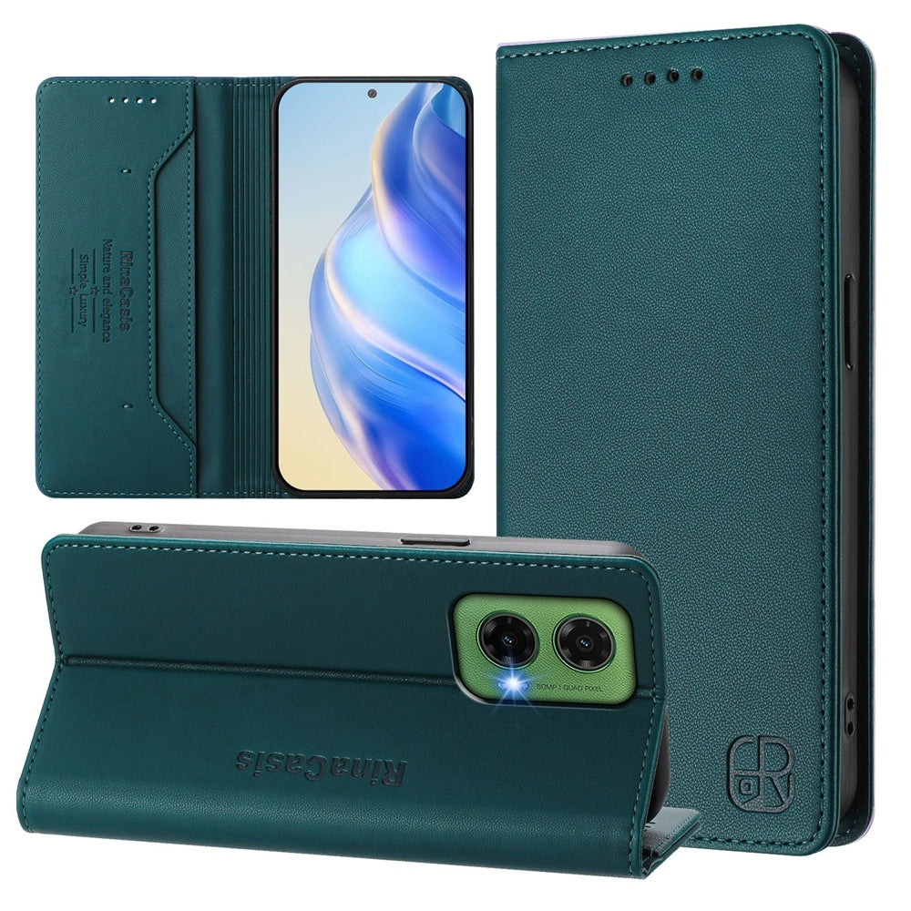 Motorola Moto G35 Dual-Folded Magnetic Suction RFID Blocking PU Leather Wallet Phone Case with Card Slots, Cash Pocket, Kickstand, Full Protective Flip Cover