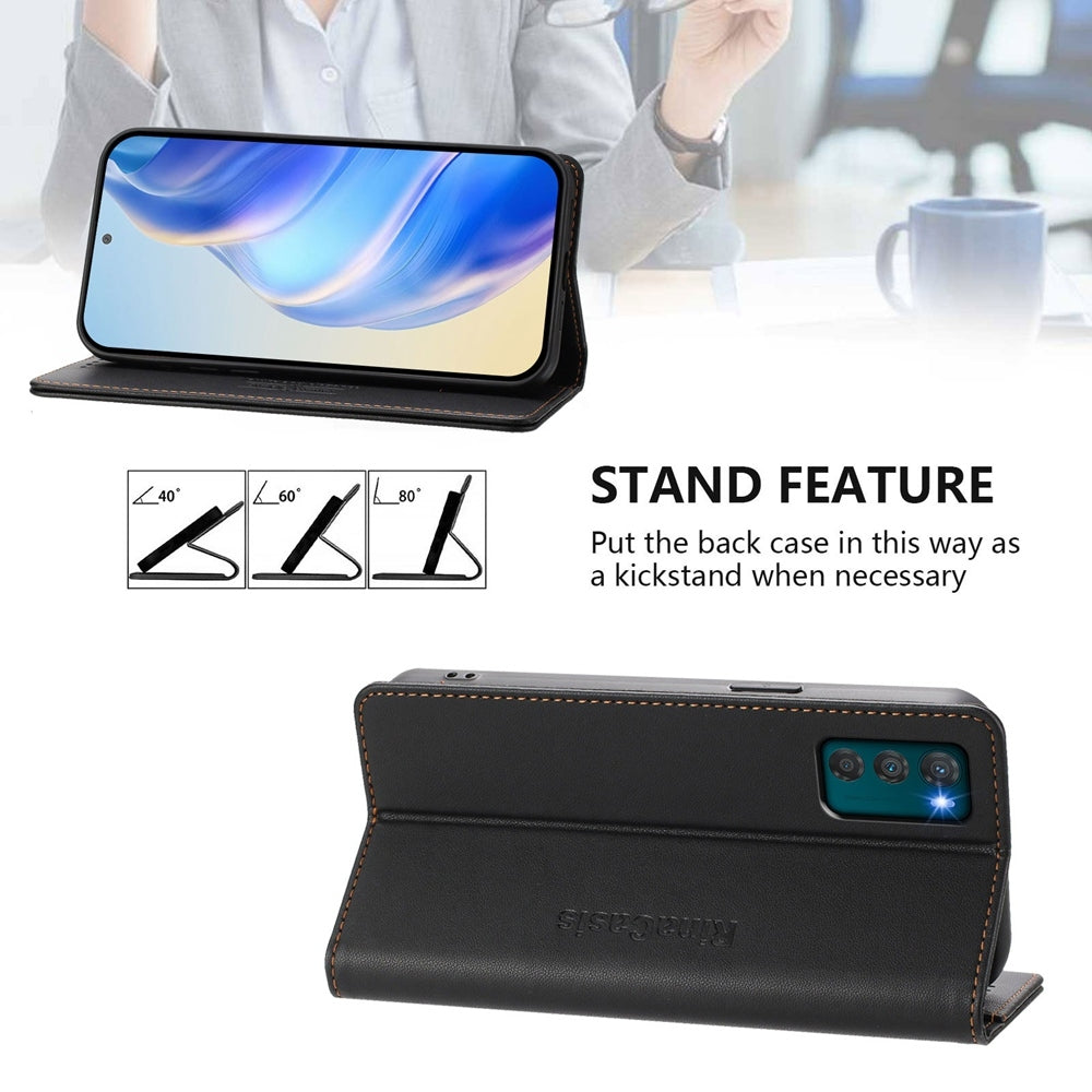 Motorola Moto G42 Dual-Folded Magnetic Suction RFID Blocking PU Leather Wallet Phone Case with Card Slots, Cash Pocket, Kickstand, Full Protective Flip Cover
