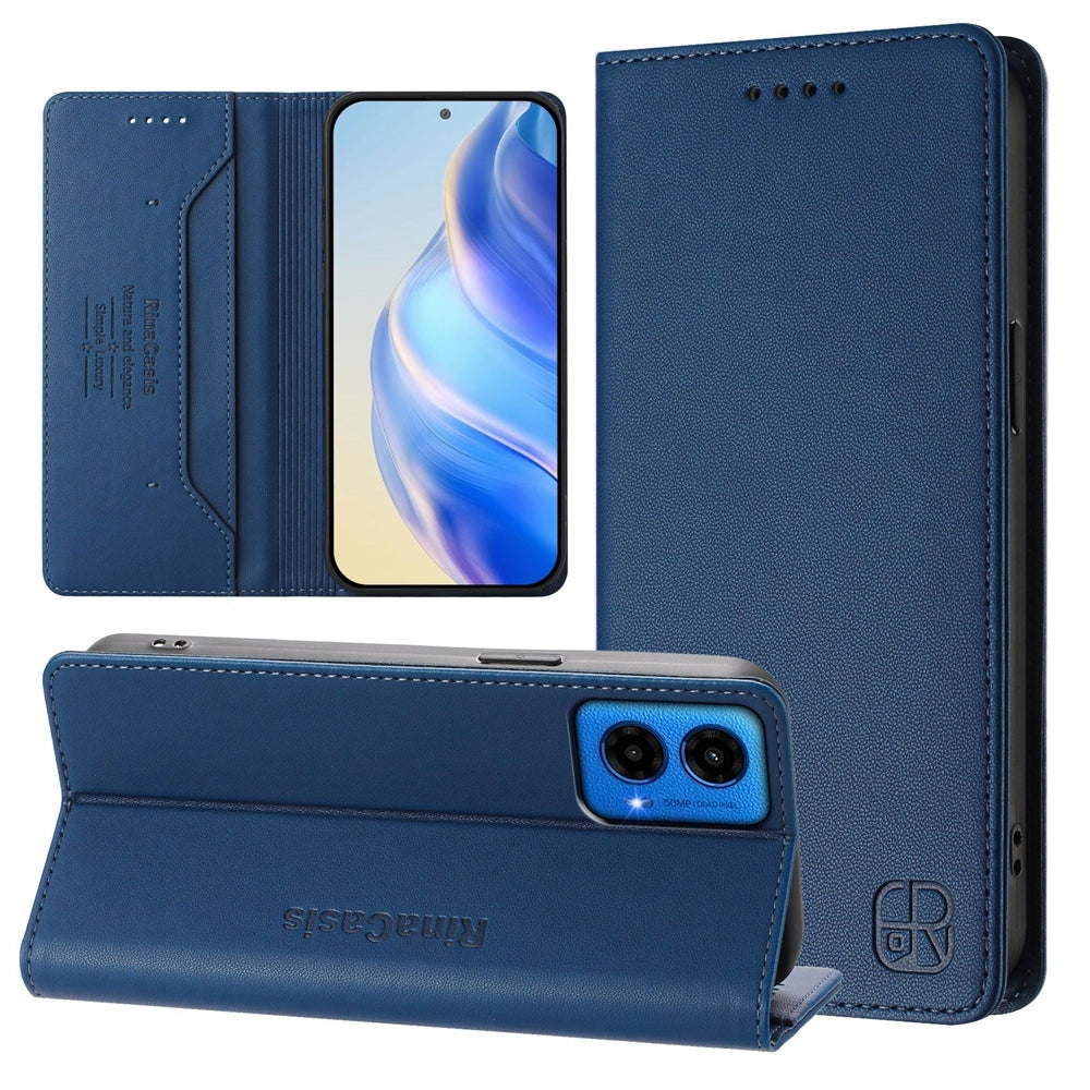 Motorola Moto G34 5G Dual-Folded Magnetic Suction RFID Blocking PU Leather Wallet Phone Case with Card Slots, Cash Pocket, Kickstand, Full Protective Flip Cover