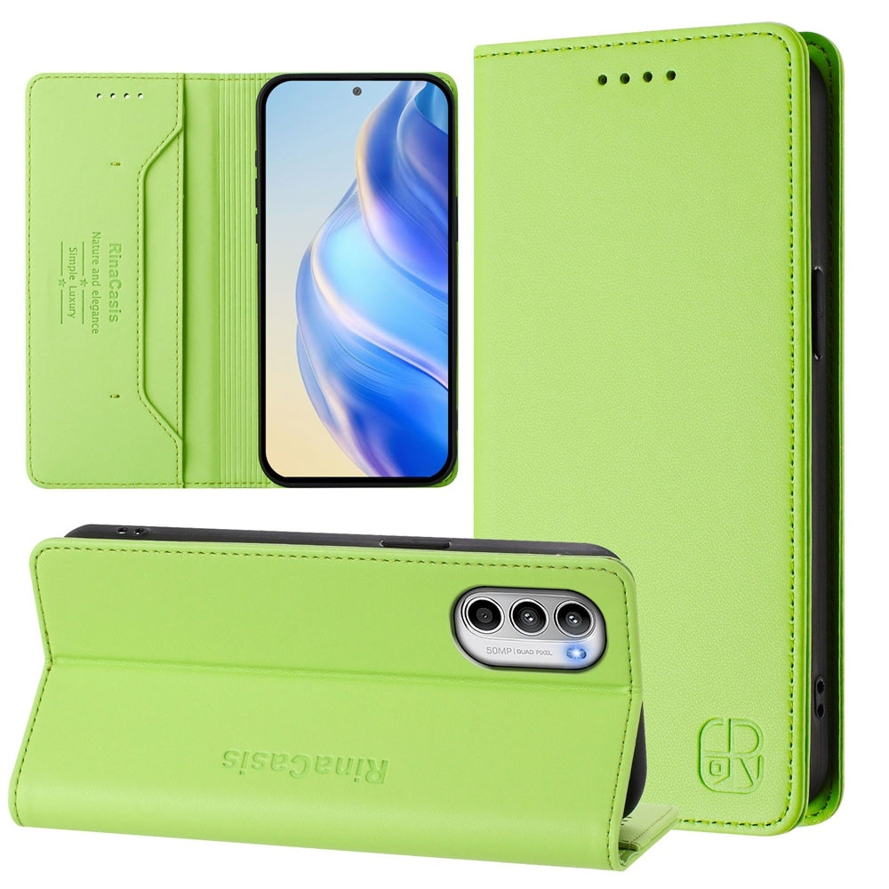 Motorola Moto G52 4G Dual-Folded Magnetic Suction RFID Blocking PU Leather Wallet Phone Case with Card Slots, Cash Pocket, Kickstand, Full Protective Flip Cover