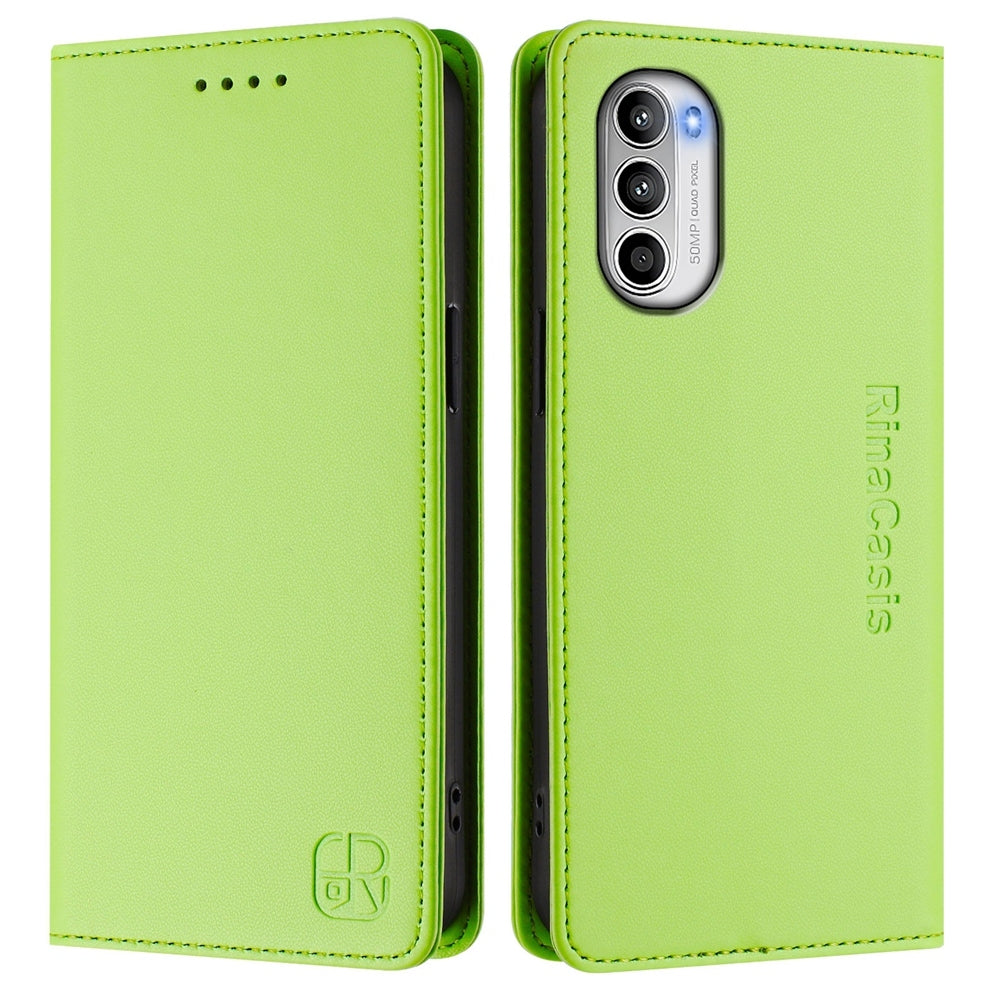 Motorola Moto G82 5G Dual-Folded Magnetic Suction RFID Blocking PU Leather Wallet Phone Case with Card Slots, Cash Pocket, Kickstand, Full Protective Flip Cover