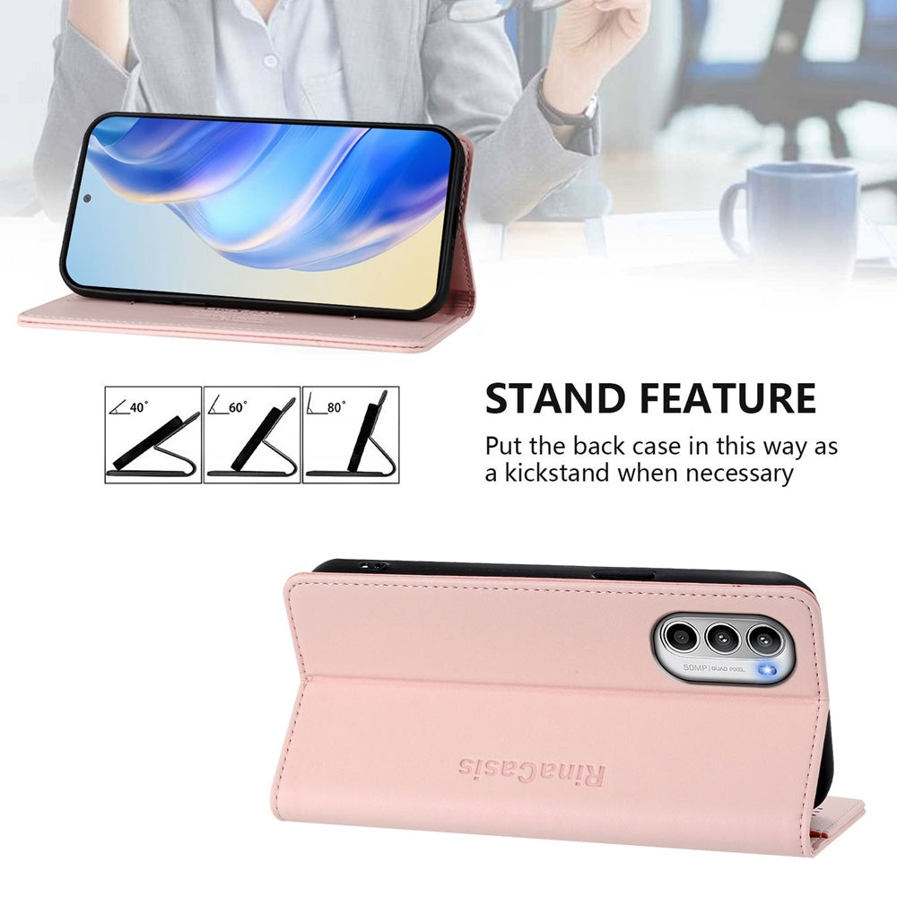 Motorola Moto G52 4G Dual-Folded Magnetic Suction RFID Blocking PU Leather Wallet Phone Case with Card Slots, Cash Pocket, Kickstand, Full Protective Flip Cover