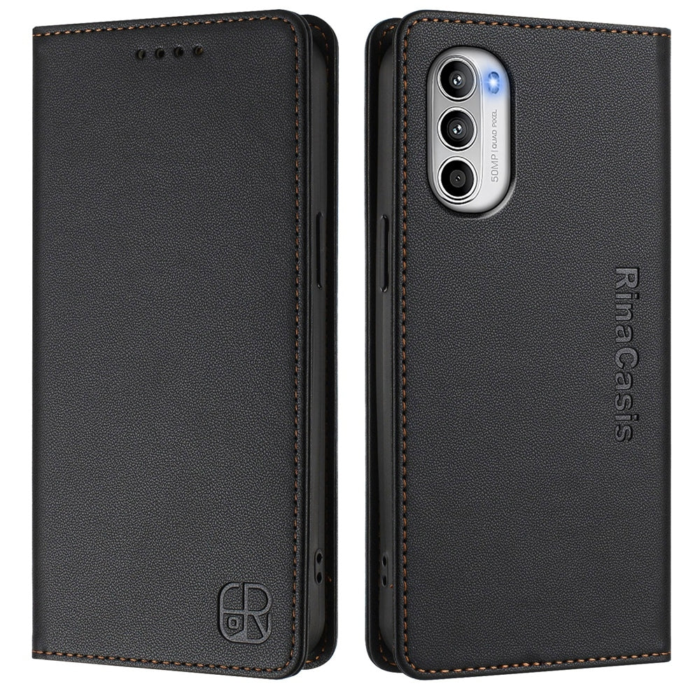 Motorola Moto G82 5G Dual-Folded Magnetic Suction RFID Blocking PU Leather Wallet Phone Case with Card Slots, Cash Pocket, Kickstand, Full Protective Flip Cover