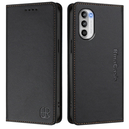 Motorola Moto G82 5G Dual-Folded Magnetic Suction RFID Blocking PU Leather Wallet Phone Case with Card Slots, Cash Pocket, Kickstand, Full Protective Flip Cover