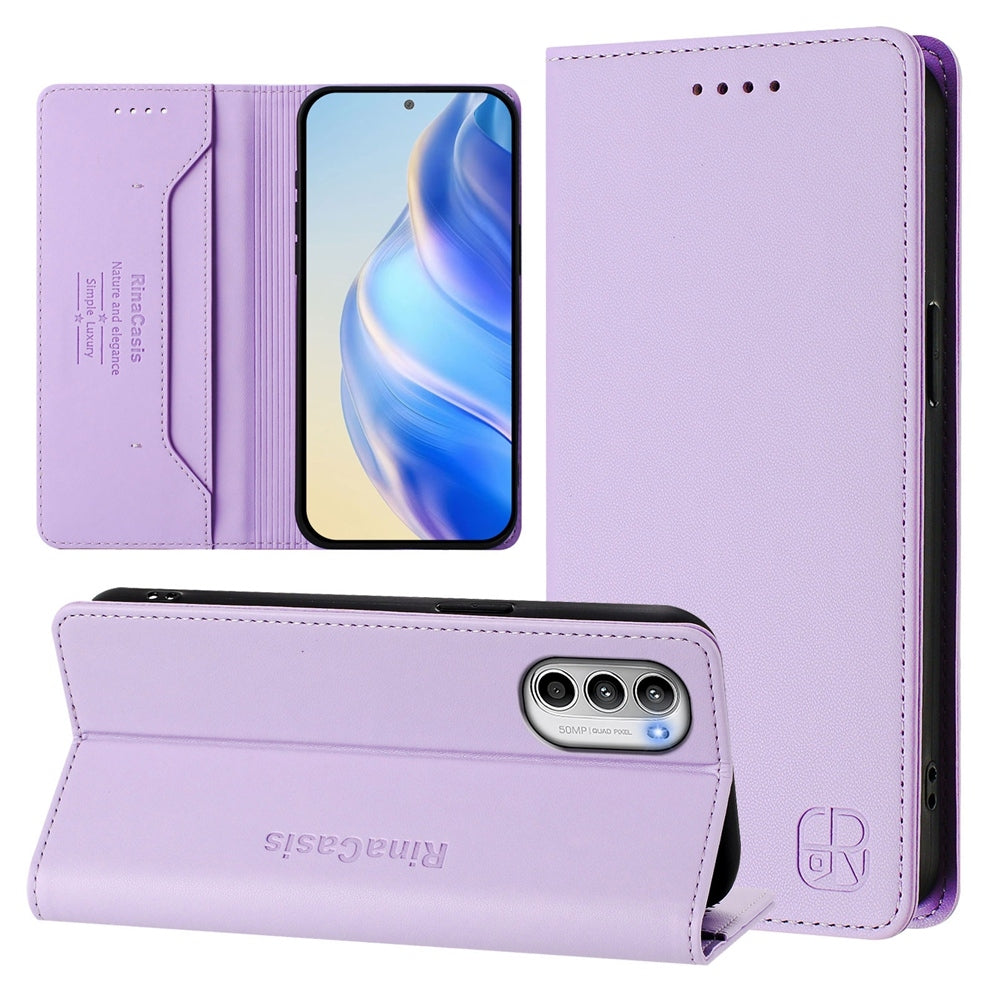 Motorola Moto G52 4G Dual-Folded Magnetic Suction RFID Blocking PU Leather Wallet Phone Case with Card Slots, Cash Pocket, Kickstand, Full Protective Flip Cover