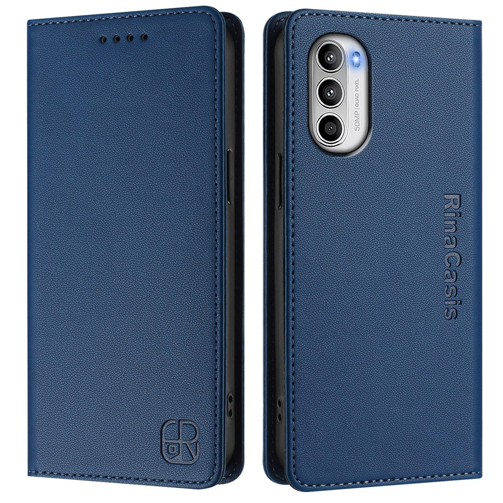 Motorola Moto G71s 5G Dual-Folded Magnetic Suction RFID Blocking PU Leather Wallet Phone Case with Card Slots, Cash Pocket, Kickstand, Full Protective Flip Cover