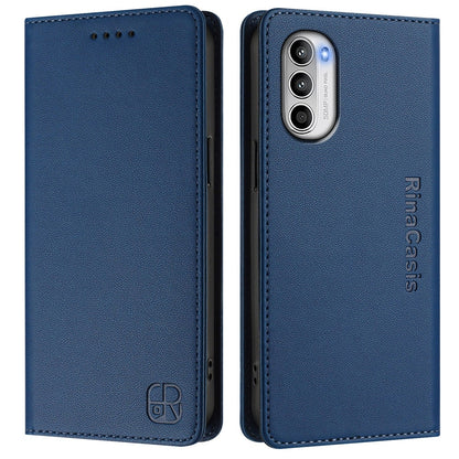 Motorola Moto G71s 5G Dual-Folded Magnetic Suction RFID Blocking PU Leather Wallet Phone Case with Card Slots, Cash Pocket, Kickstand, Full Protective Flip Cover