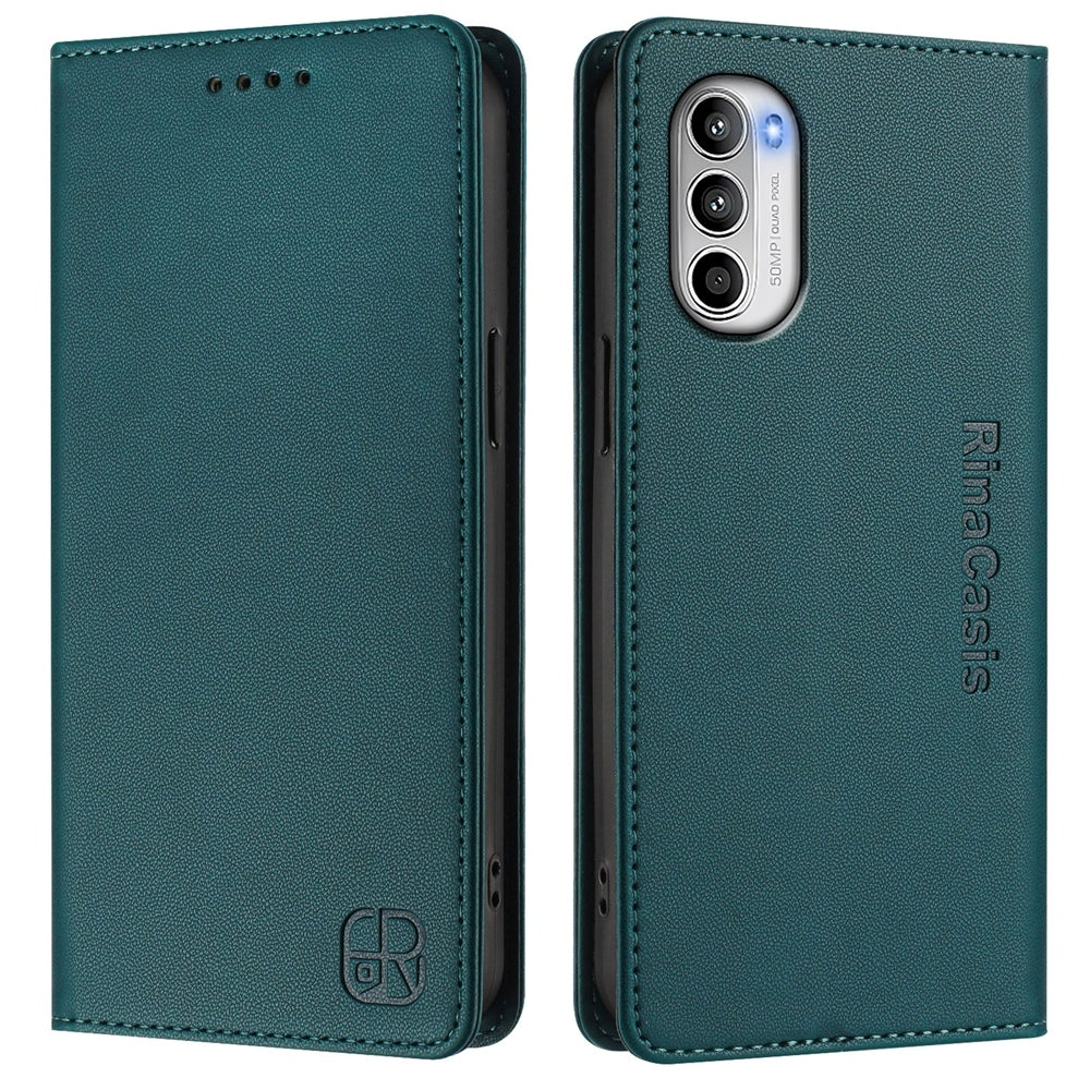 Motorola Moto G82 5G Dual-Folded Magnetic Suction RFID Blocking PU Leather Wallet Phone Case with Card Slots, Cash Pocket, Kickstand, Full Protective Flip Cover