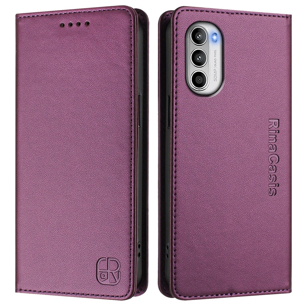 Motorola Moto G52 4G Dual-Folded Magnetic Suction RFID Blocking PU Leather Wallet Phone Case with Card Slots, Cash Pocket, Kickstand, Full Protective Flip Cover