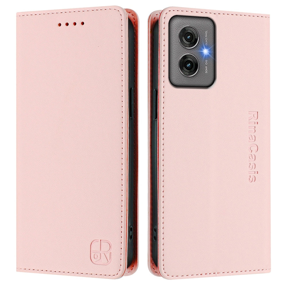 Motorola Moto G55 Dual-Folded Magnetic Suction RFID Blocking PU Leather Wallet Phone Case with Card Slots, Cash Pocket, Kickstand, Full Protective Flip Cover