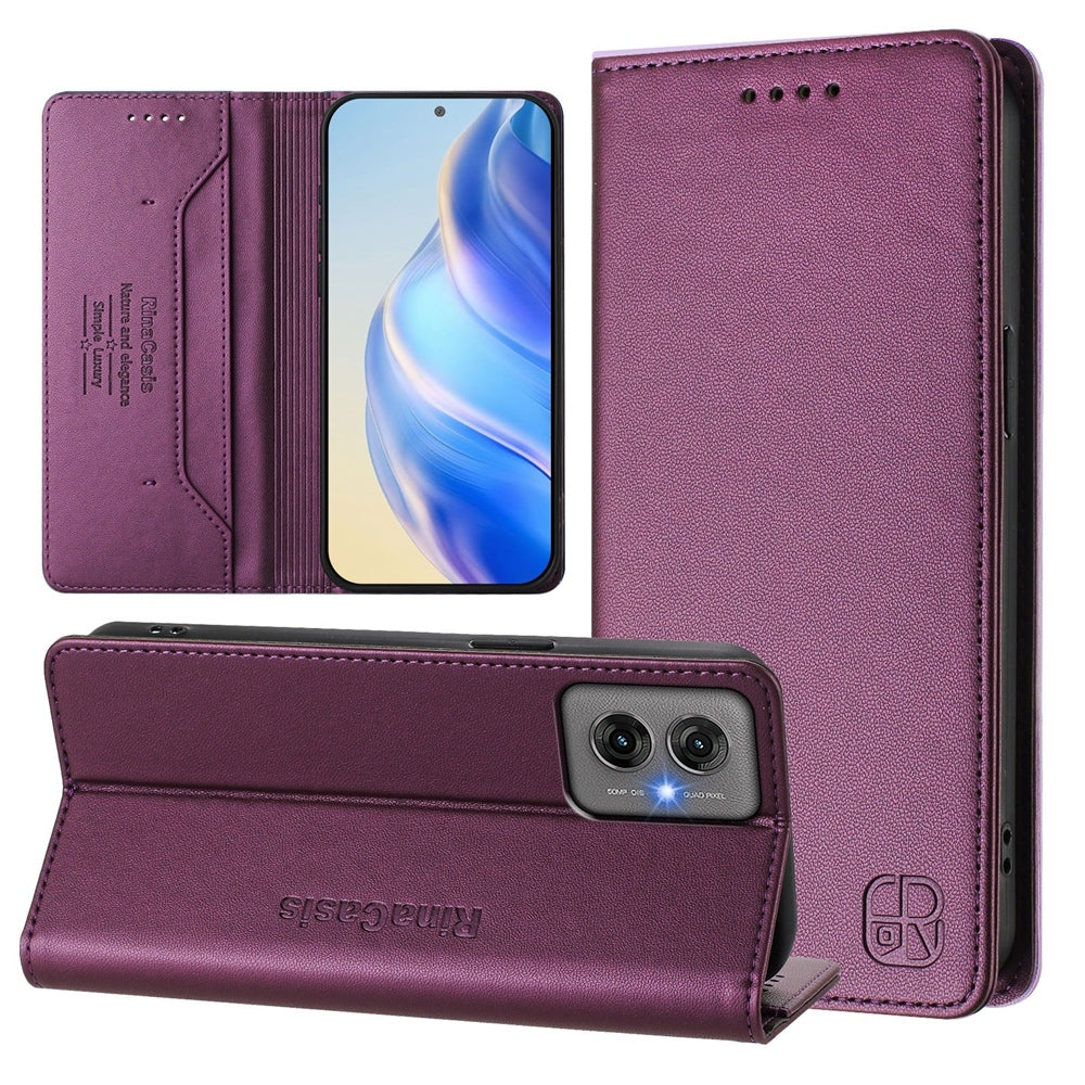 Motorola Moto G55 Dual-Folded Magnetic Suction RFID Blocking PU Leather Wallet Phone Case with Card Slots, Cash Pocket, Kickstand, Full Protective Flip Cover