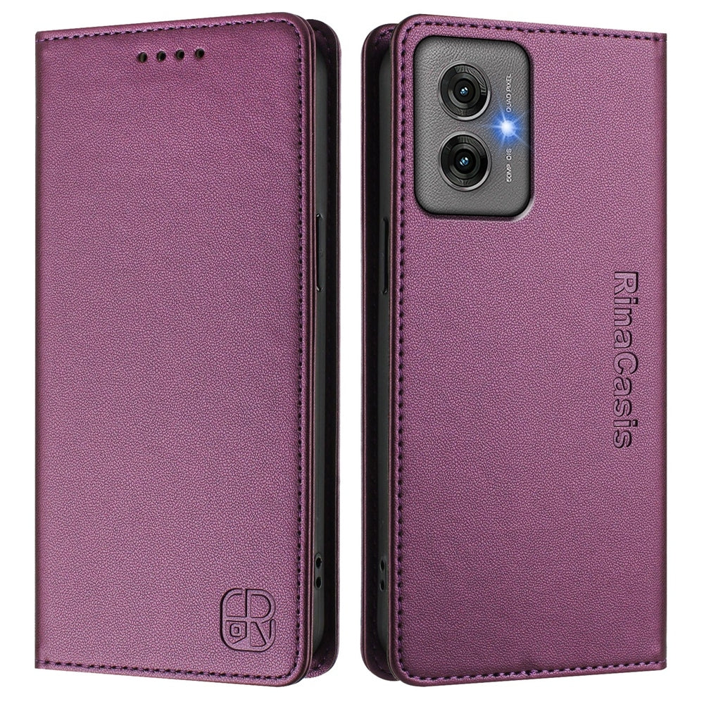Motorola Moto G55 Dual-Folded Magnetic Suction RFID Blocking PU Leather Wallet Phone Case with Card Slots, Cash Pocket, Kickstand, Full Protective Flip Cover