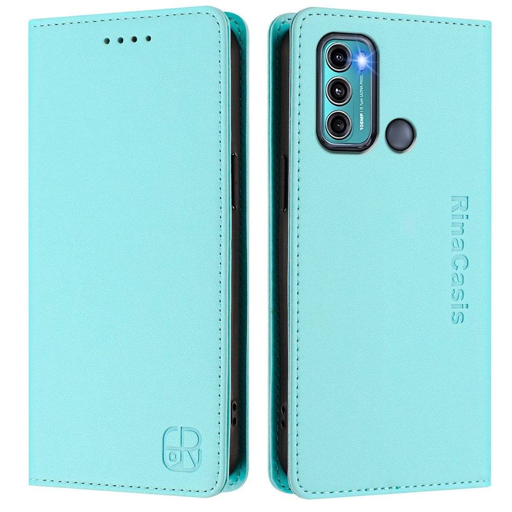 Motorola Moto G60 Dual-Folded Magnetic Suction RFID Blocking PU Leather Wallet Phone Case with Card Slots, Cash Pocket, Kickstand, Full Protective Flip Cover