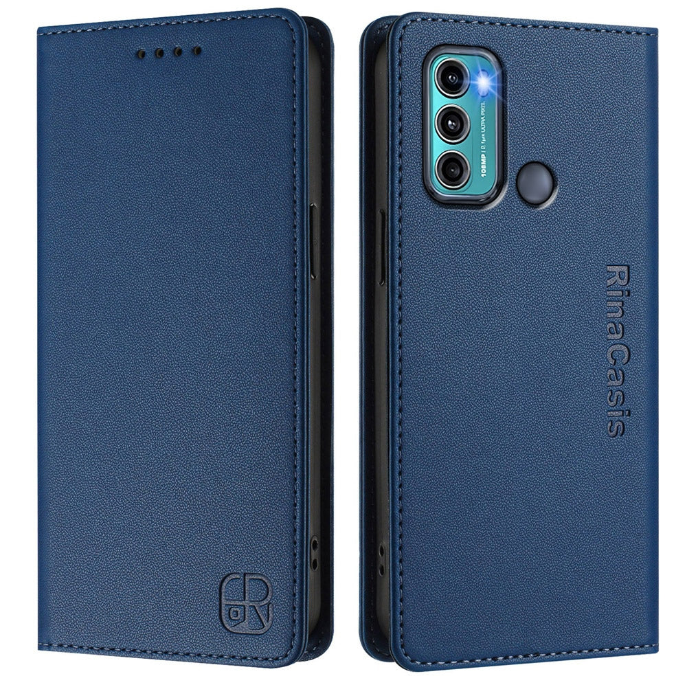 Motorola Moto G60 Dual-Folded Magnetic Suction RFID Blocking PU Leather Wallet Phone Case with Card Slots, Cash Pocket, Kickstand, Full Protective Flip Cover