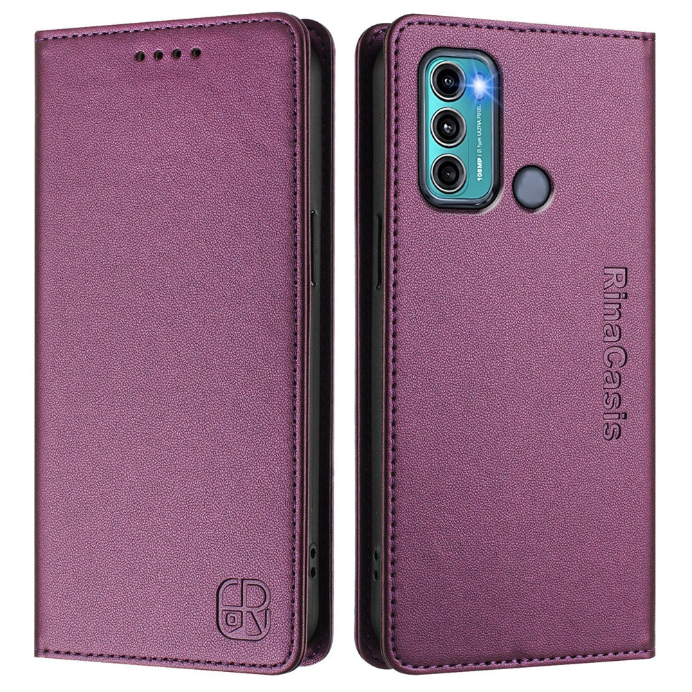 Motorola Moto G60 Dual-Folded Magnetic Suction RFID Blocking PU Leather Wallet Phone Case with Card Slots, Cash Pocket, Kickstand, Full Protective Flip Cover