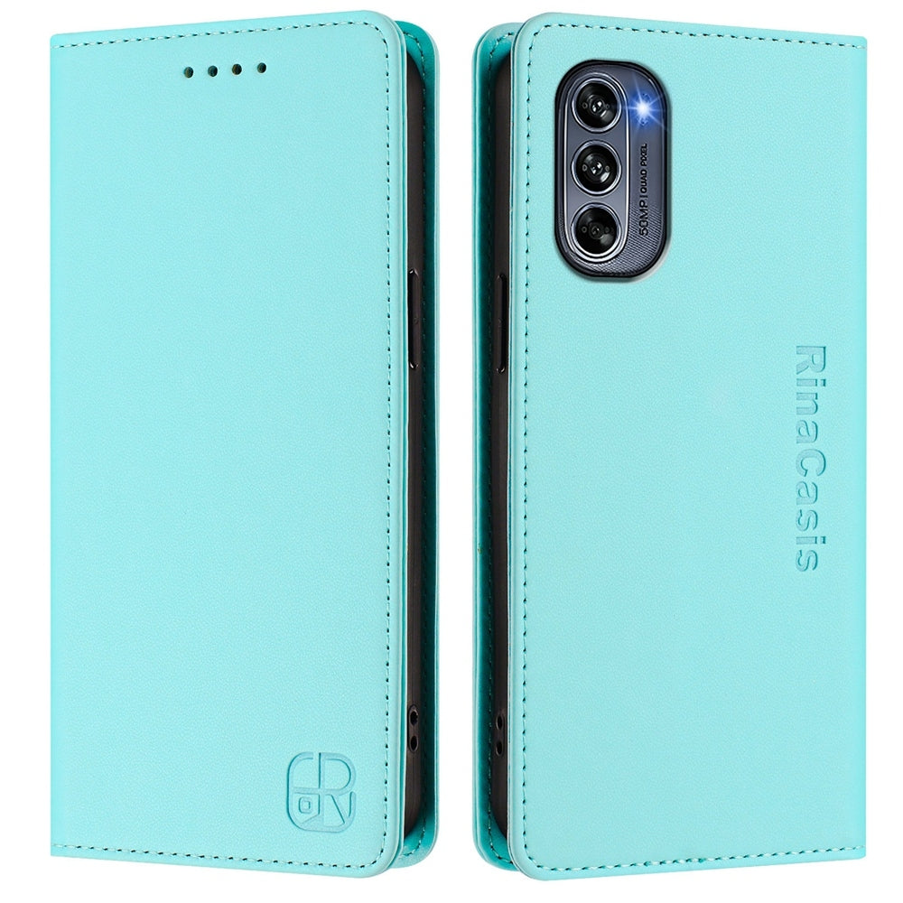 Motorola Moto G62 5G Dual-Folded Magnetic Suction RFID Blocking PU Leather Wallet Phone Case with Card Slots, Cash Pocket, Kickstand, Full Protective Flip Cover