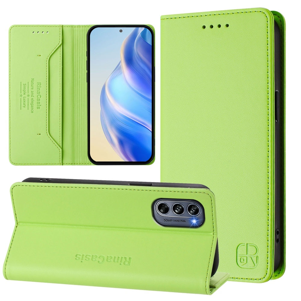 Motorola Moto G62 5G Dual-Folded Magnetic Suction RFID Blocking PU Leather Wallet Phone Case with Card Slots, Cash Pocket, Kickstand, Full Protective Flip Cover