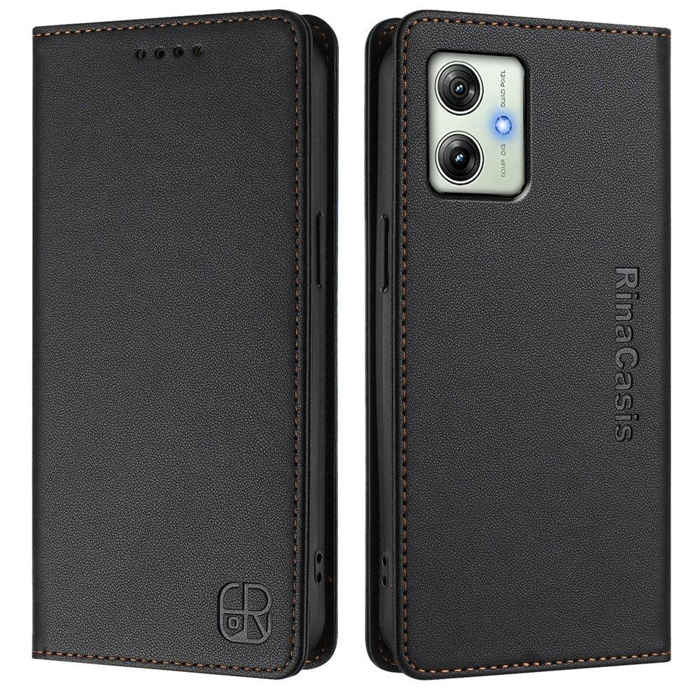 Motorola Moto G54 Dual-Folded Magnetic Suction RFID Blocking PU Leather Wallet Phone Case with Card Slots, Cash Pocket, Kickstand, Full Protective Flip Cover