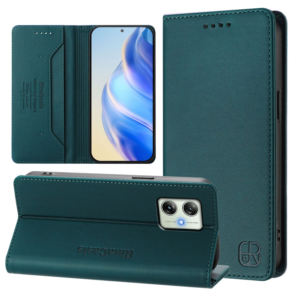 Motorola Moto G64 5G Dual-Folded Magnetic Suction RFID Blocking PU Leather Wallet Phone Case with Card Slots, Cash Pocket, Kickstand, Full Protective Flip Cover