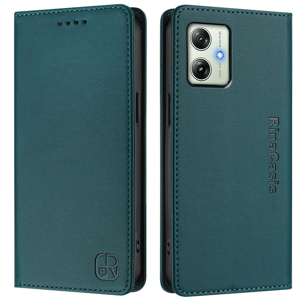 Motorola Moto G54 Dual-Folded Magnetic Suction RFID Blocking PU Leather Wallet Phone Case with Card Slots, Cash Pocket, Kickstand, Full Protective Flip Cover
