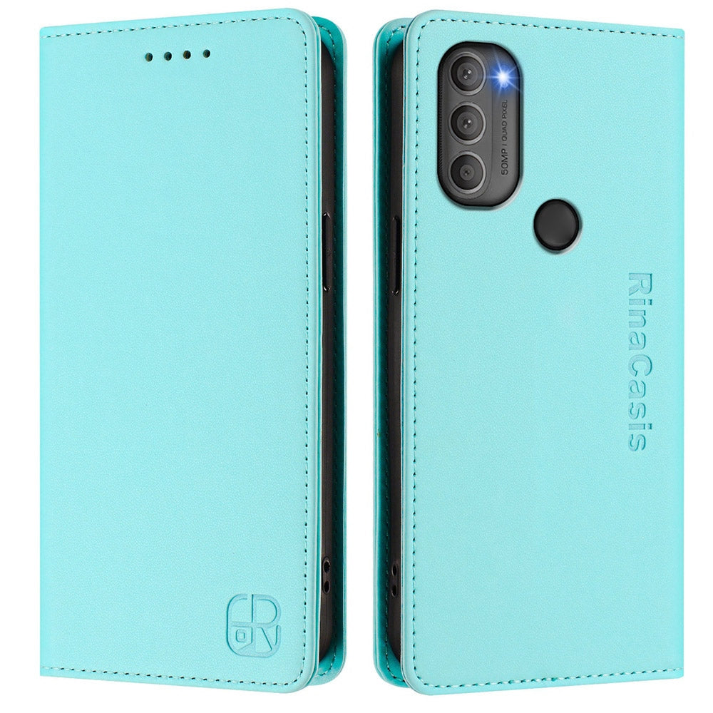 Motorola Moto G71 5G Dual-Folded Magnetic Suction RFID Blocking PU Leather Wallet Phone Case with Card Slots, Cash Pocket, Kickstand, Full Protective Flip Cover