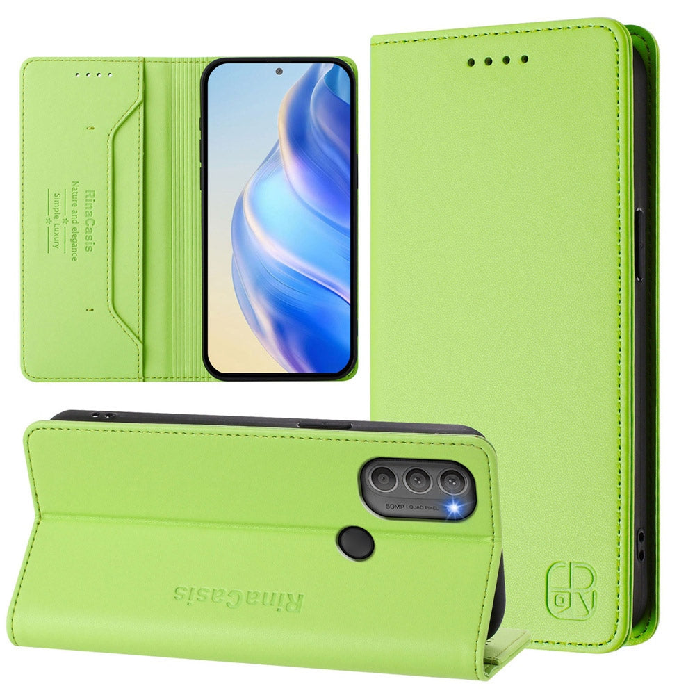 Motorola Moto G71 5G Dual-Folded Magnetic Suction RFID Blocking PU Leather Wallet Phone Case with Card Slots, Cash Pocket, Kickstand, Full Protective Flip Cover