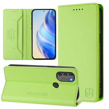 Motorola Moto G71 5G Dual-Folded Magnetic Suction RFID Blocking PU Leather Wallet Phone Case with Card Slots, Cash Pocket, Kickstand, Full Protective Flip Cover