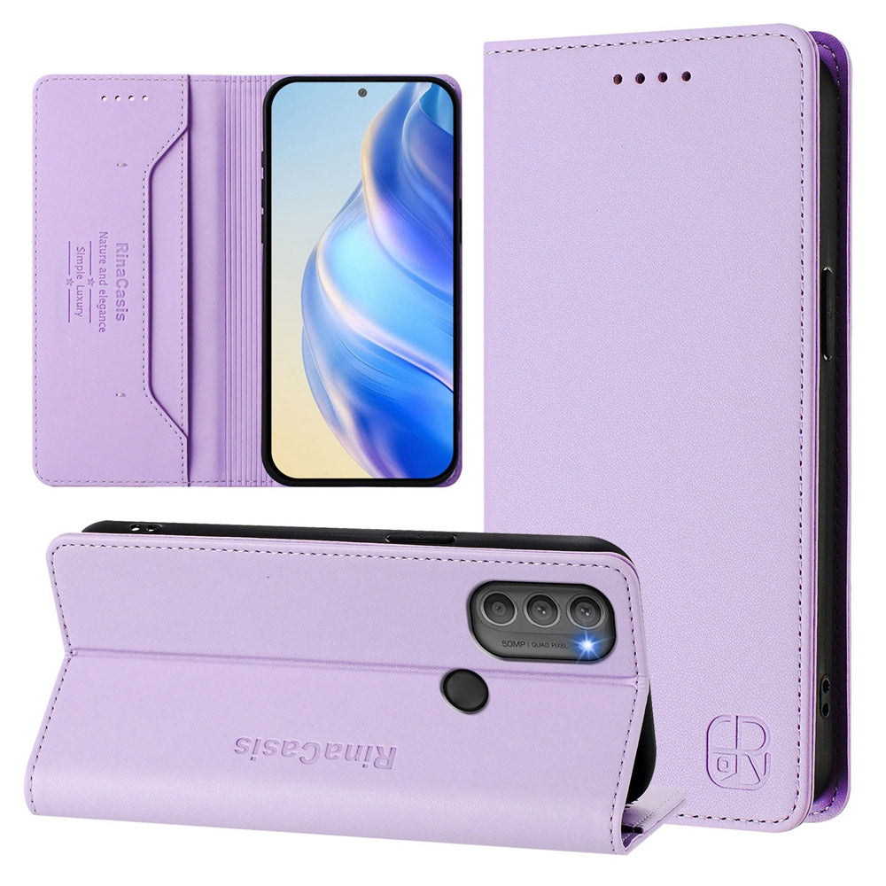 Motorola Moto G71 5G Dual-Folded Magnetic Suction RFID Blocking PU Leather Wallet Phone Case with Card Slots, Cash Pocket, Kickstand, Full Protective Flip Cover