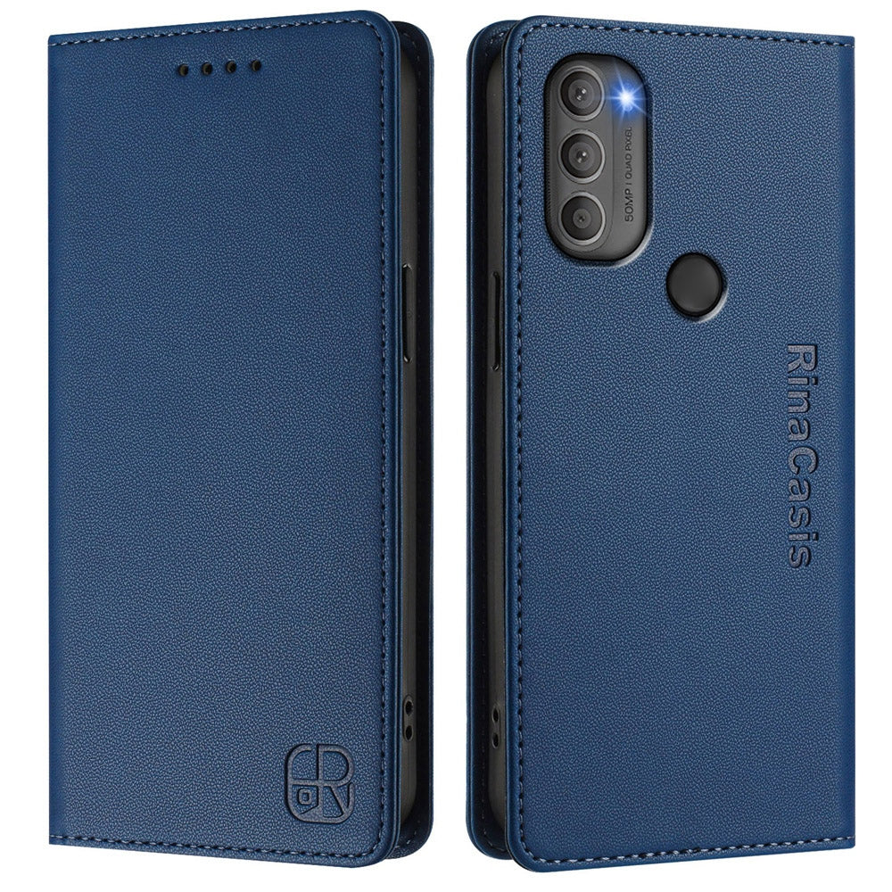 Motorola Moto G71 5G Dual-Folded Magnetic Suction RFID Blocking PU Leather Wallet Phone Case with Card Slots, Cash Pocket, Kickstand, Full Protective Flip Cover