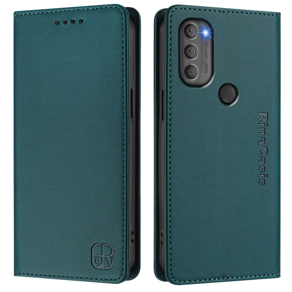 Motorola Moto G71 5G Dual-Folded Magnetic Suction RFID Blocking PU Leather Wallet Phone Case with Card Slots, Cash Pocket, Kickstand, Full Protective Flip Cover