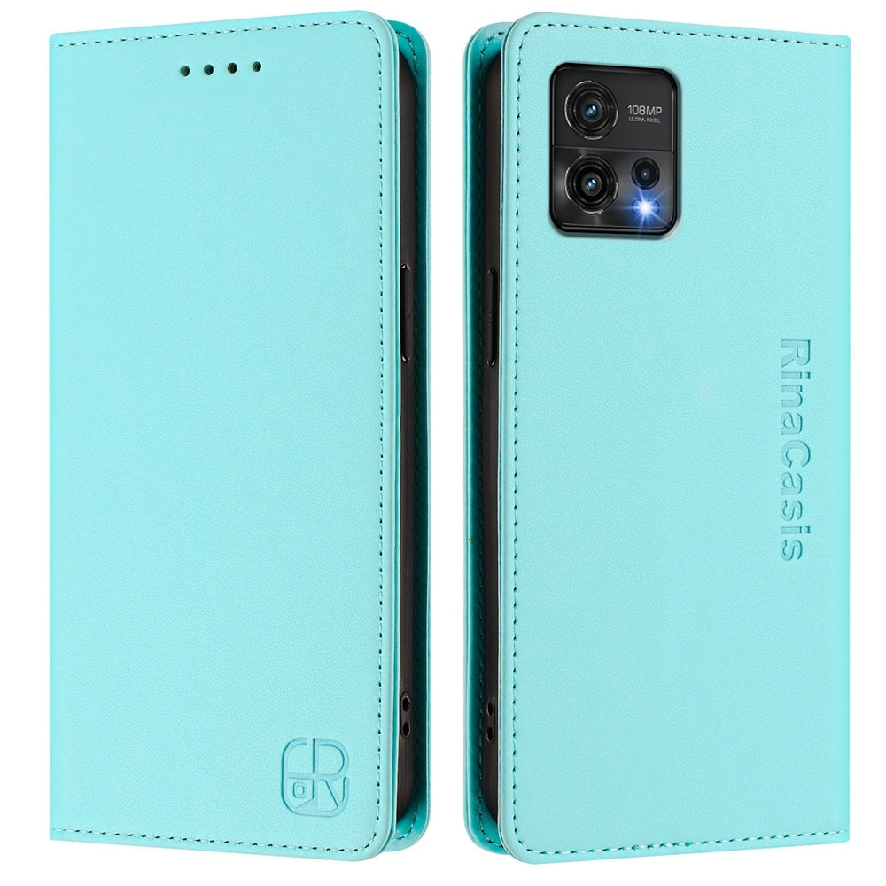 Motorola Moto G72 Dual-Folded Magnetic Suction RFID Blocking PU Leather Wallet Phone Case with Card Slots, Cash Pocket, Kickstand, Full Protective Flip Cover