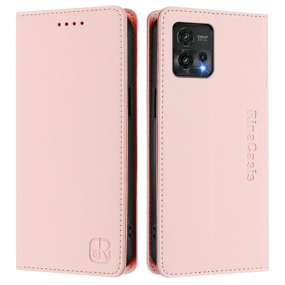 Motorola Moto G72 Dual-Folded Magnetic Suction RFID Blocking PU Leather Wallet Phone Case with Card Slots, Cash Pocket, Kickstand, Full Protective Flip Cover