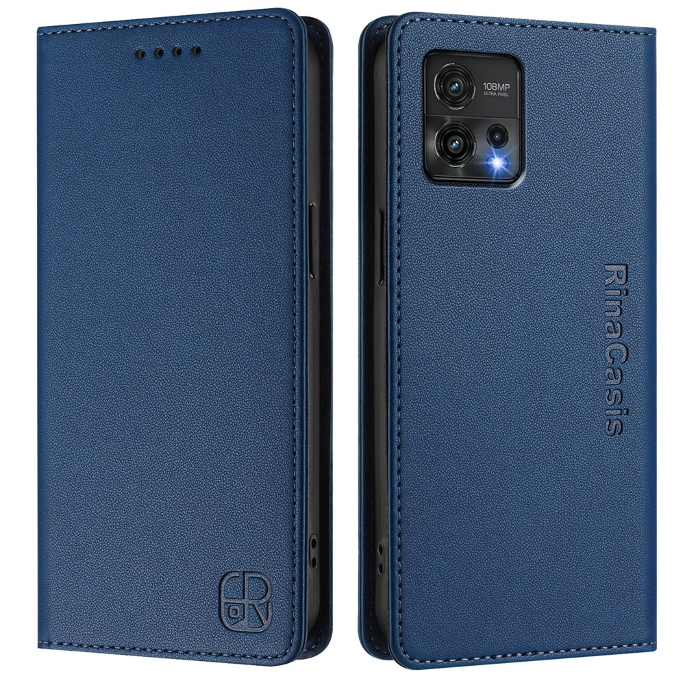 Motorola Moto G72 Dual-Folded Magnetic Suction RFID Blocking PU Leather Wallet Phone Case with Card Slots, Cash Pocket, Kickstand, Full Protective Flip Cover