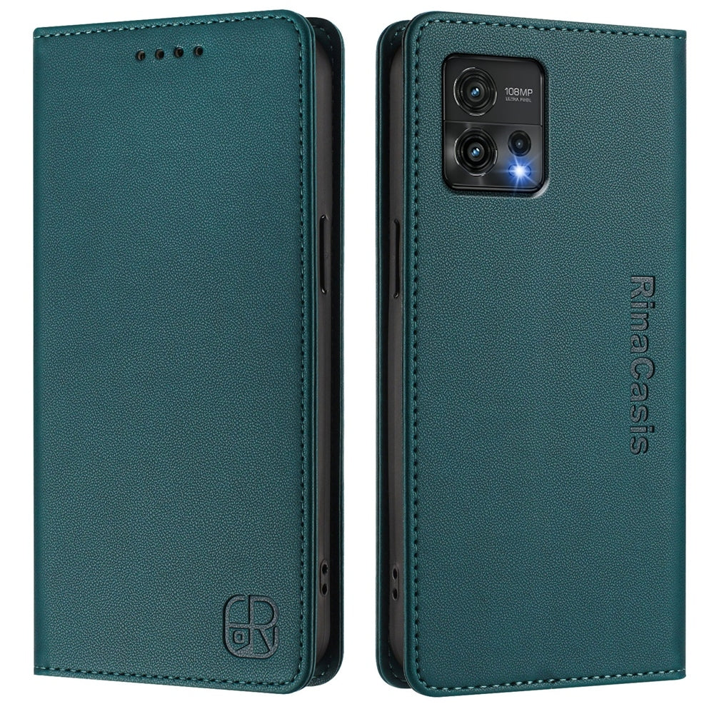 Motorola Moto G72 Dual-Folded Magnetic Suction RFID Blocking PU Leather Wallet Phone Case with Card Slots, Cash Pocket, Kickstand, Full Protective Flip Cover