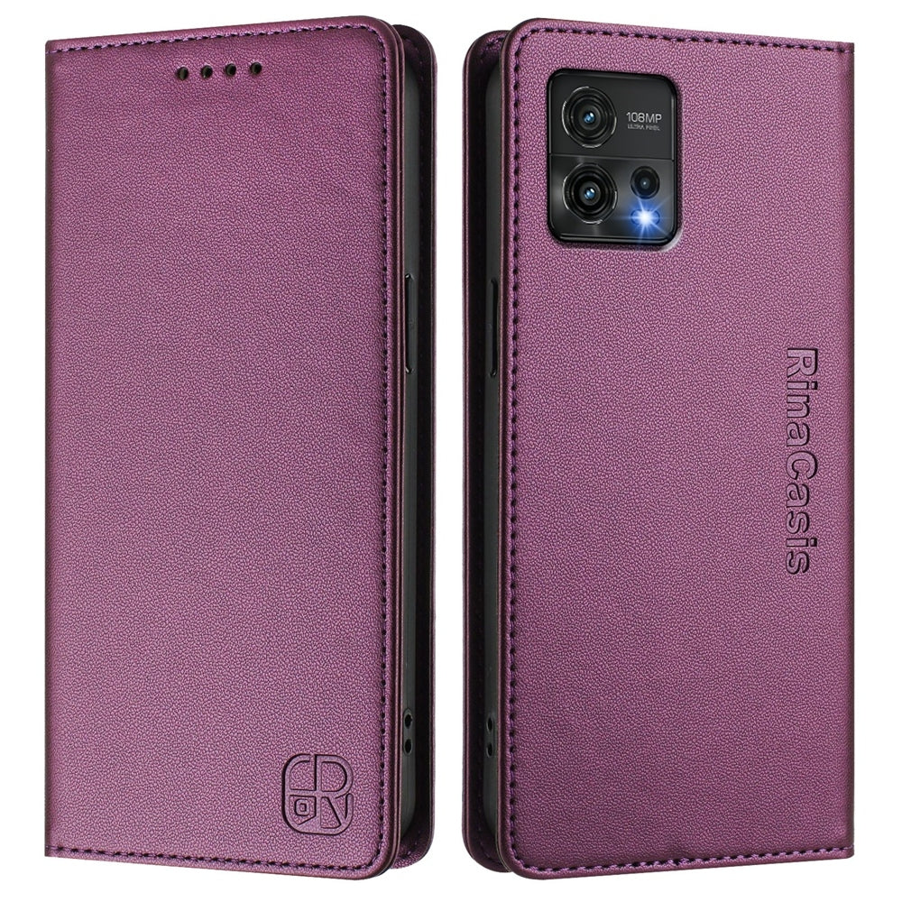 Motorola Moto G72 Dual-Folded Magnetic Suction RFID Blocking PU Leather Wallet Phone Case with Card Slots, Cash Pocket, Kickstand, Full Protective Flip Cover
