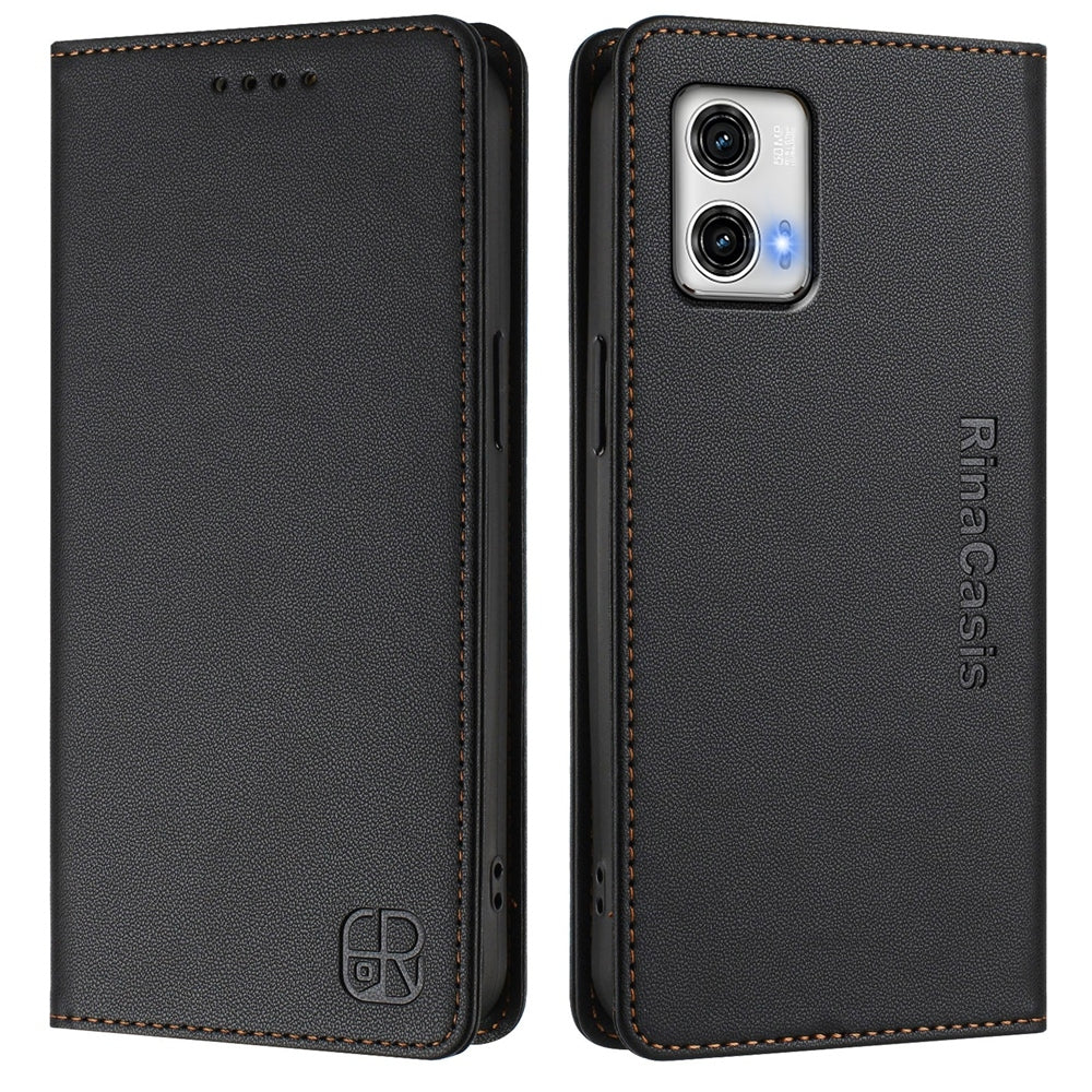 Motorola Moto G73 Dual-Folded Magnetic Suction RFID Blocking PU Leather Wallet Phone Case with Card Slots, Cash Pocket, Kickstand, Full Protective Flip Cover
