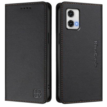 Motorola Moto G73 Dual-Folded Magnetic Suction RFID Blocking PU Leather Wallet Phone Case with Card Slots, Cash Pocket, Kickstand, Full Protective Flip Cover