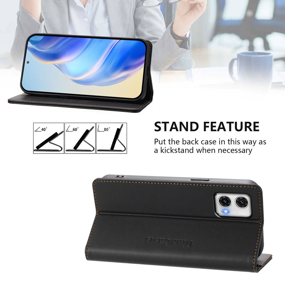 Motorola Moto G73 Dual-Folded Magnetic Suction RFID Blocking PU Leather Wallet Phone Case with Card Slots, Cash Pocket, Kickstand, Full Protective Flip Cover
