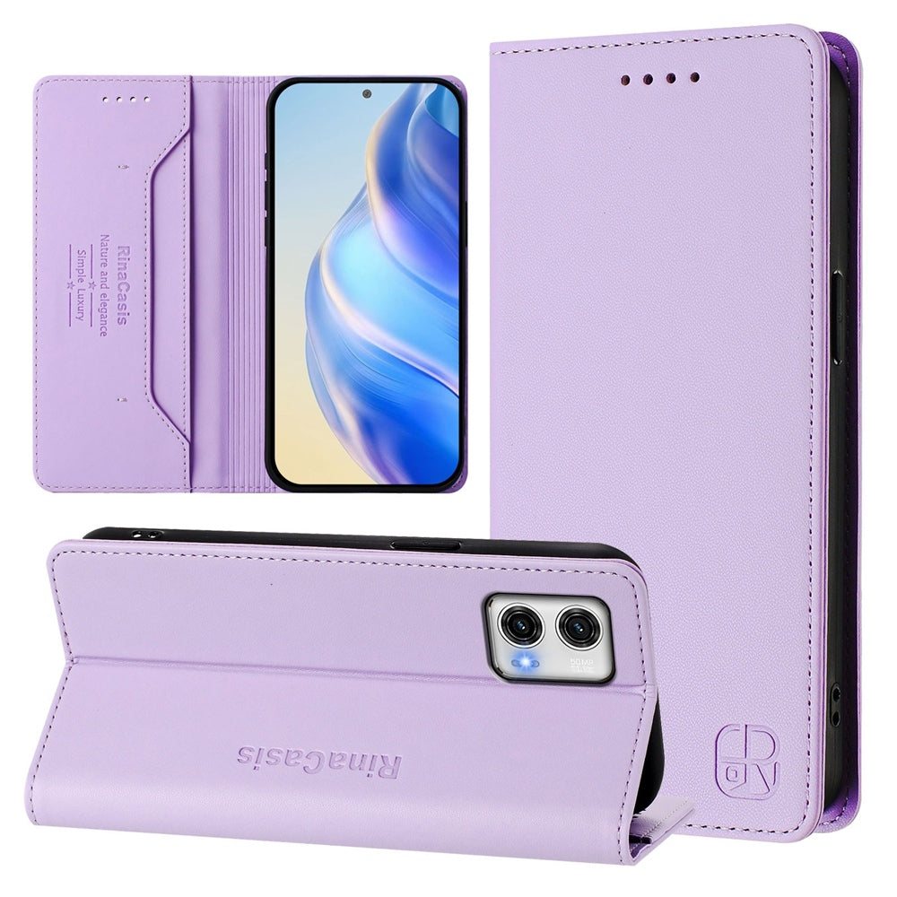 Motorola Moto G73 Dual-Folded Magnetic Suction RFID Blocking PU Leather Wallet Phone Case with Card Slots, Cash Pocket, Kickstand, Full Protective Flip Cover