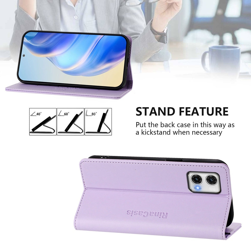 Motorola Moto G73 Dual-Folded Magnetic Suction RFID Blocking PU Leather Wallet Phone Case with Card Slots, Cash Pocket, Kickstand, Full Protective Flip Cover