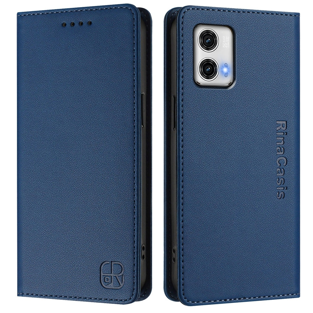 Motorola Moto G73 Dual-Folded Magnetic Suction RFID Blocking PU Leather Wallet Phone Case with Card Slots, Cash Pocket, Kickstand, Full Protective Flip Cover