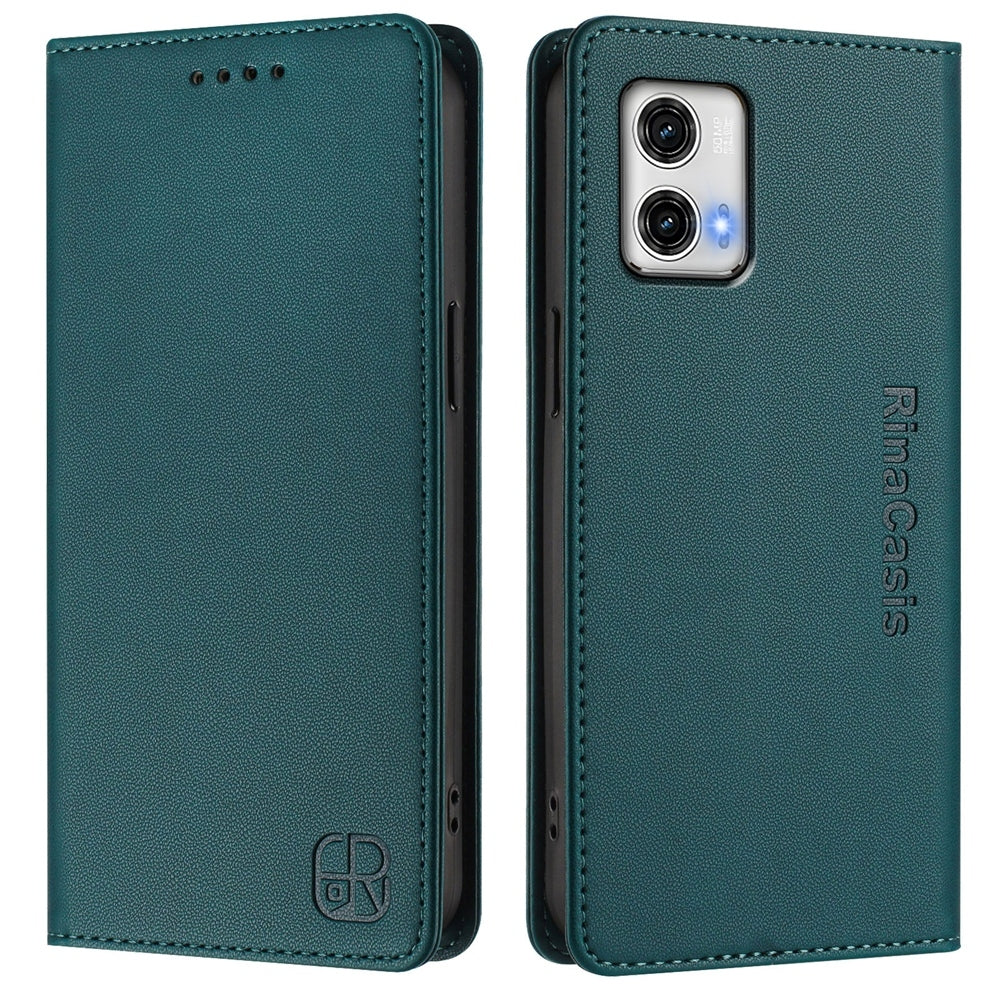 Motorola Moto G73 Dual-Folded Magnetic Suction RFID Blocking PU Leather Wallet Phone Case with Card Slots, Cash Pocket, Kickstand, Full Protective Flip Cover