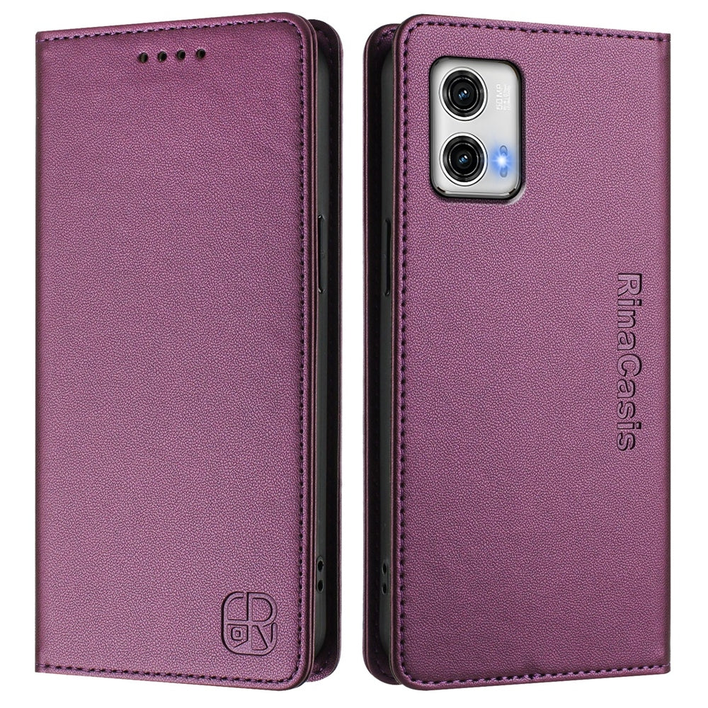 Motorola Moto G73 Dual-Folded Magnetic Suction RFID Blocking PU Leather Wallet Phone Case with Card Slots, Cash Pocket, Kickstand, Full Protective Flip Cover