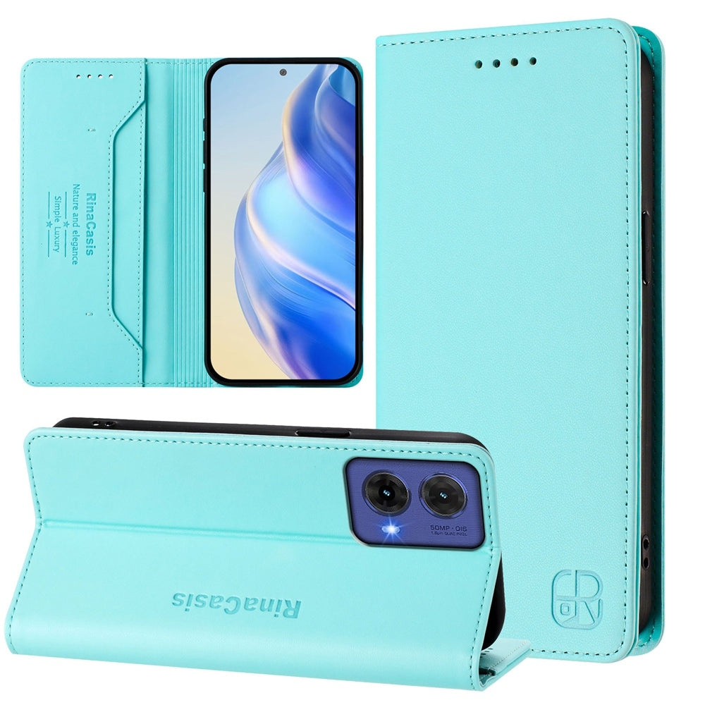 Motorola Moto G85 Dual-Folded Magnetic Suction RFID Blocking PU Leather Wallet Phone Case with Card Slots, Cash Pocket, Kickstand, Full Protective Flip Cover