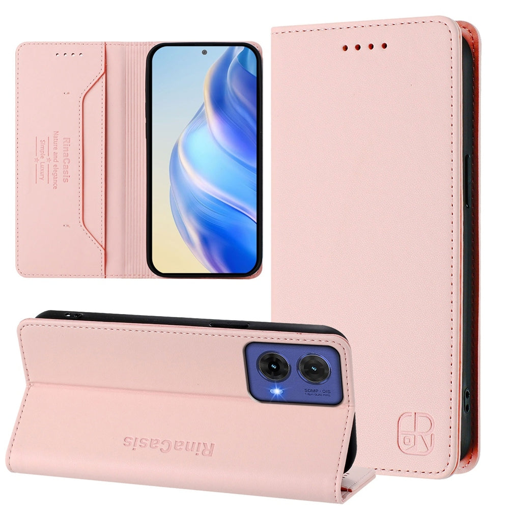 Motorola Moto G85 Dual-Folded Magnetic Suction RFID Blocking PU Leather Wallet Phone Case with Card Slots, Cash Pocket, Kickstand, Full Protective Flip Cover