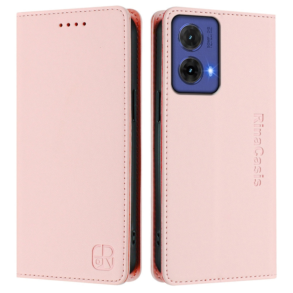 Motorola Moto G85 Dual-Folded Magnetic Suction RFID Blocking PU Leather Wallet Phone Case with Card Slots, Cash Pocket, Kickstand, Full Protective Flip Cover