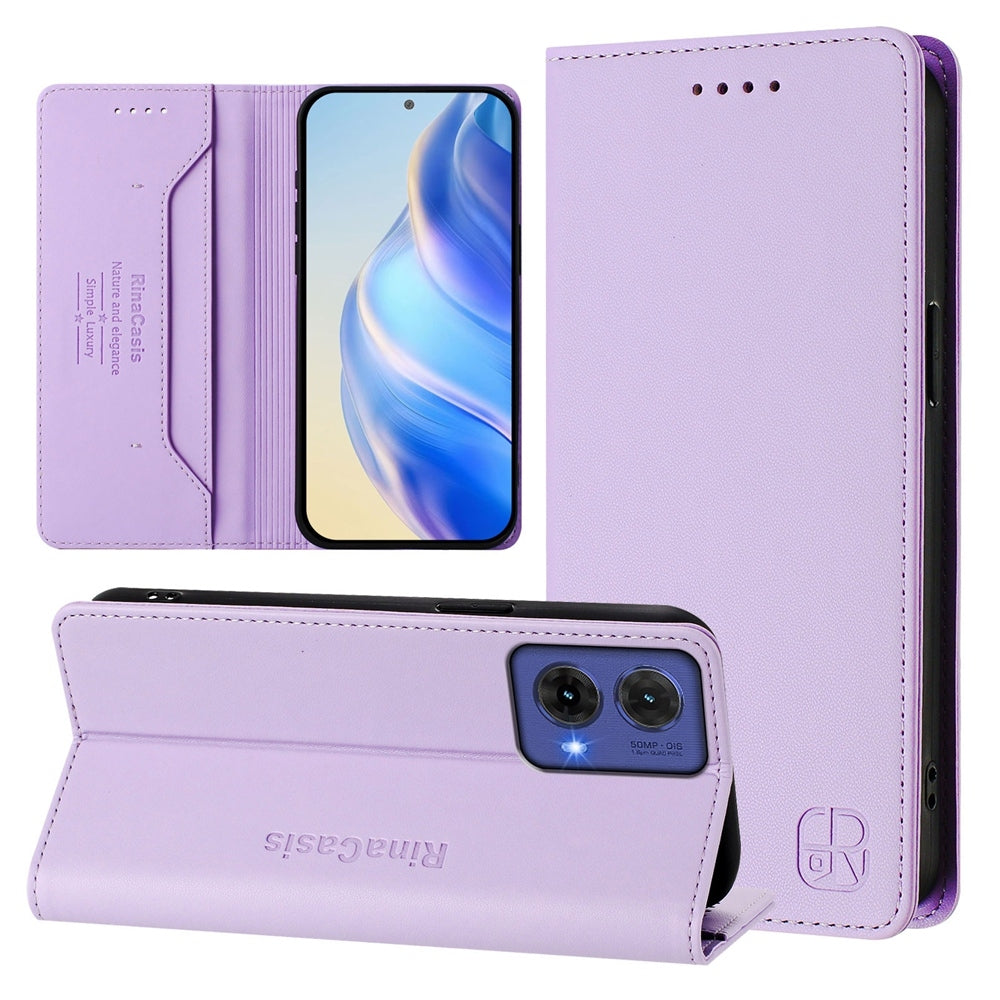 Motorola Moto G85 Dual-Folded Magnetic Suction RFID Blocking PU Leather Wallet Phone Case with Card Slots, Cash Pocket, Kickstand, Full Protective Flip Cover